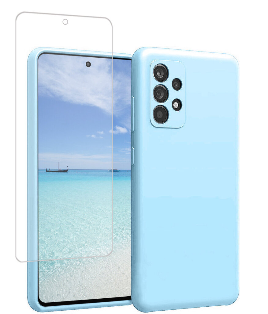 Protection set -silikoonist ümbris Samsung Galaxy A53 5G (real liquide Easy clean) sinine (Blue sky) + ekraani kaitseklaas Basic (Case Friendly) hind ja info | Telefoni kaaned, ümbrised | kaup24.ee