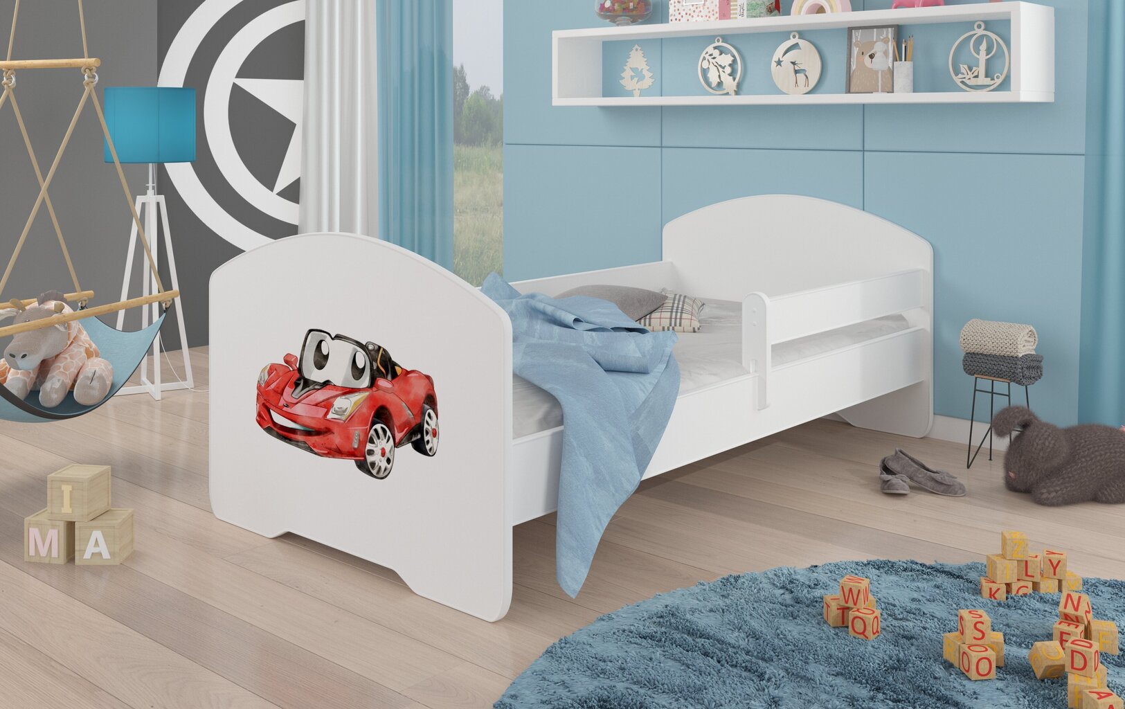 Voodi ADRK Furniture Pepe Barrier Red Car, 140x70 cm, valge hind ja info | Lastevoodid | kaup24.ee