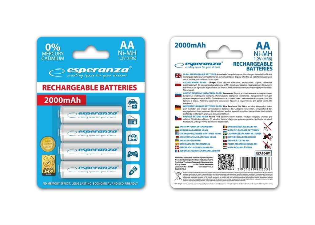 Laetavad akud Esperanza EZA104W Ni-MH AA 2000MAH x4 hind ja info | Patareid | kaup24.ee