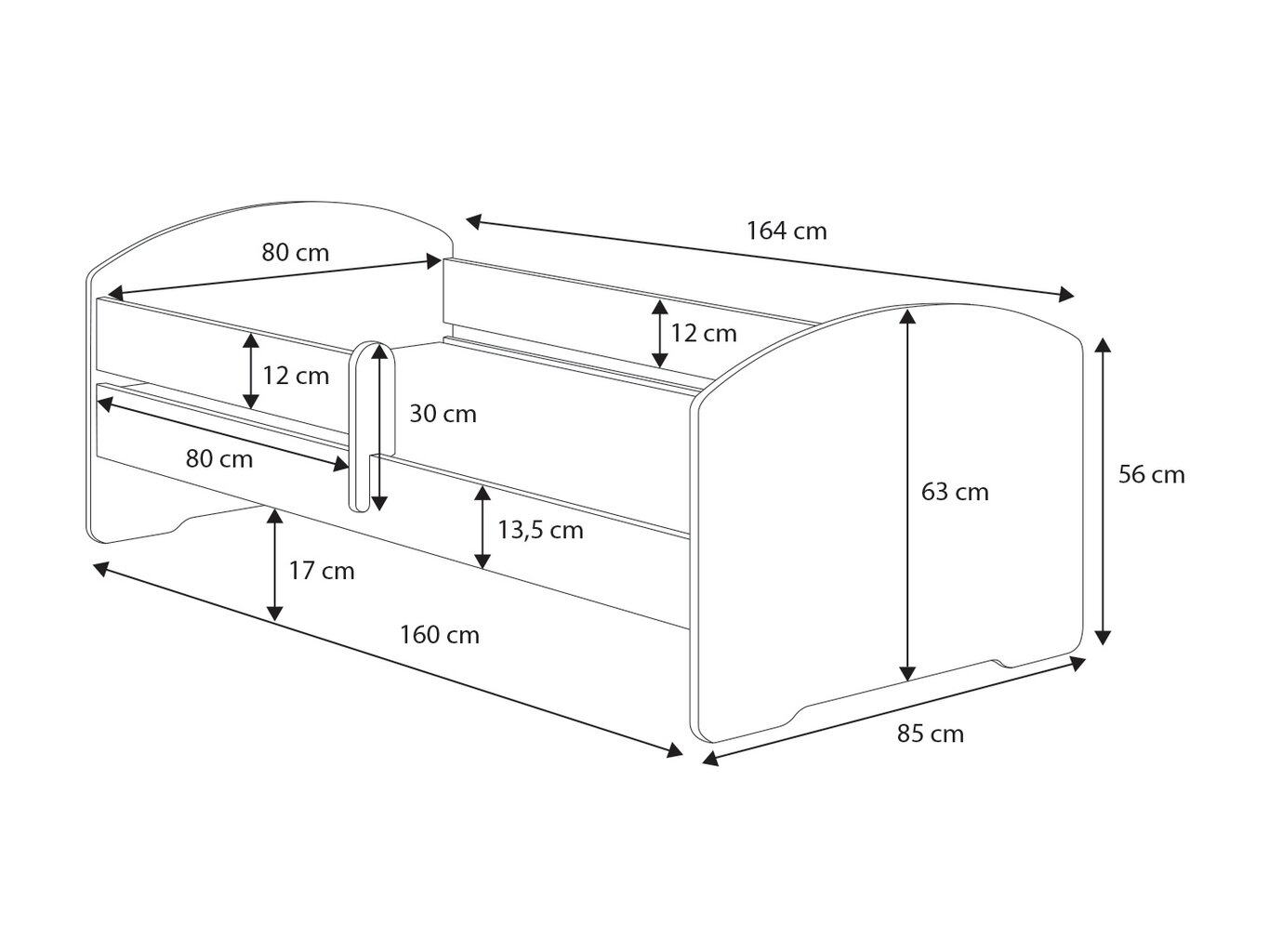 Voodi ADRK Furniture Pepe Barrier Princess Black, 160x80 cm, valge цена и информация | Lastevoodid | kaup24.ee