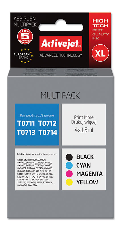 Activejet AEB-715N tint (asendus Epson T0715 jaoks; Supreme; 4 x 15 ml; must, magenta, tsüaan, kollane) hind ja info | Tindiprinteri kassetid | kaup24.ee