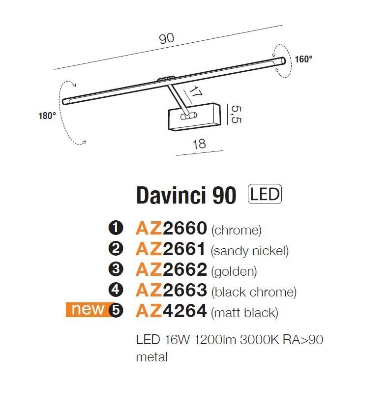 Seinavalgusti AZzardo Davinci AZ2661 hind ja info | Seinavalgustid | kaup24.ee