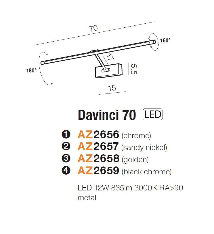 Seinavalgusti AZzardo Davinci AZ2659 цена и информация | Seinavalgustid | kaup24.ee