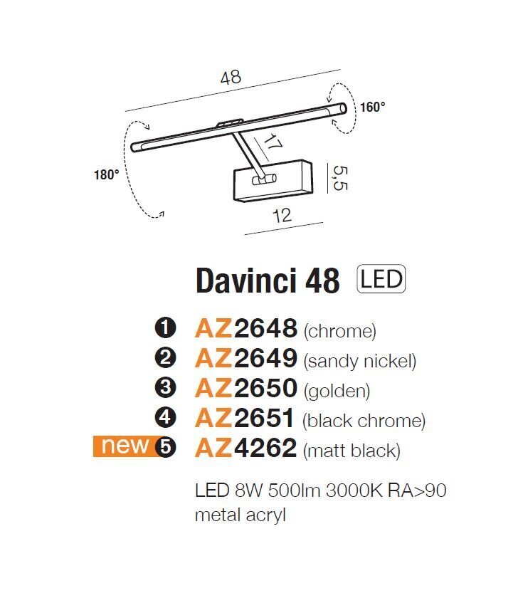 Seinavalgusti AZzardo Davinci AZ2651 hind ja info | Seinavalgustid | kaup24.ee