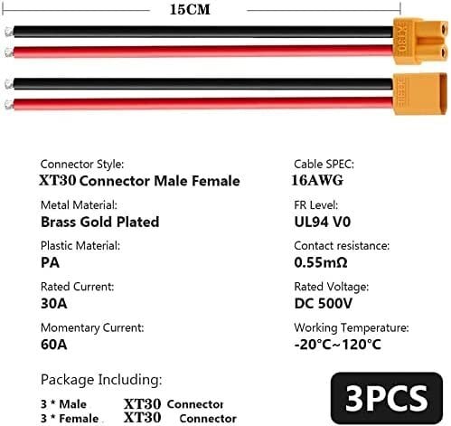 3 paari XT30 pistikut, Lipo akuühendused, silikoonkaabliga 100mm 16AWG RC Lipo FPV Drone hind ja info | Nutiseadmed ja aksessuaarid | kaup24.ee