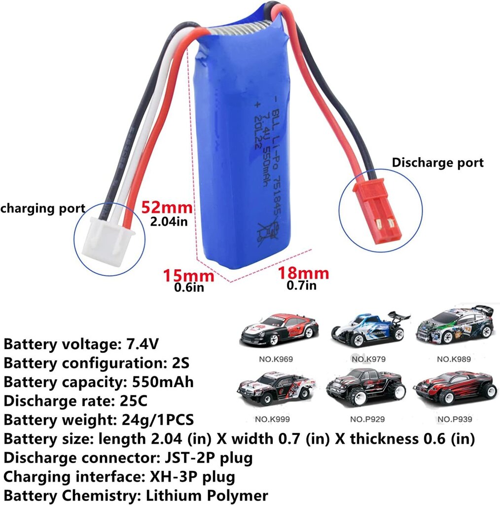 2 tk liitium patareid 751845 7.4V 550mAh Wltoys K969 K979 K989 K999 P929 P939 High Speed Remote Control auto tarvikud цена и информация | Nutiseadmed ja aksessuaarid | kaup24.ee