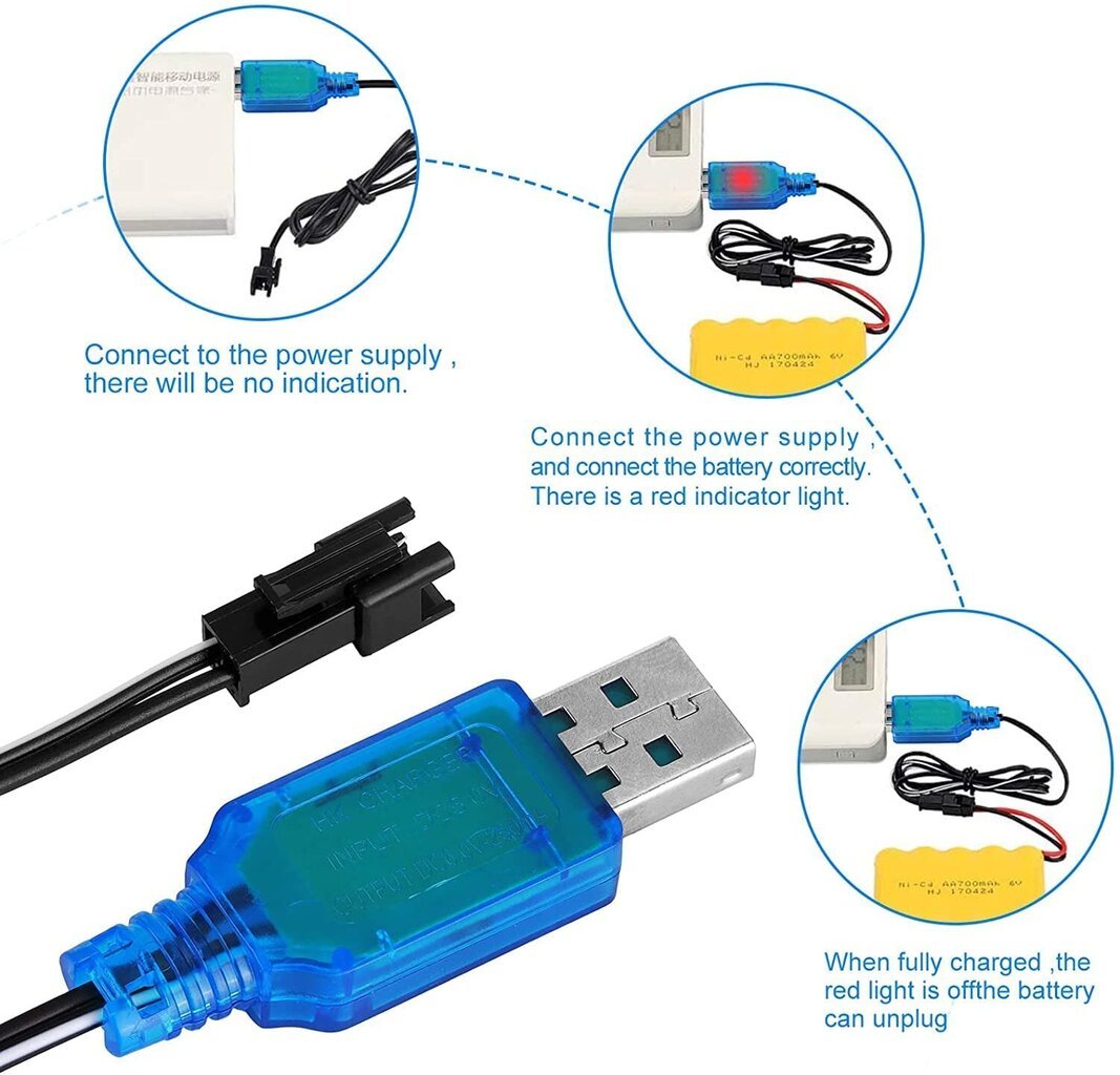 2 tk SM-2P USB laadija kaabel 250mAh väljund RC auto 6V Ni-Mh akudele helesinine värvus цена и информация | Nutiseadmed ja aksessuaarid | kaup24.ee