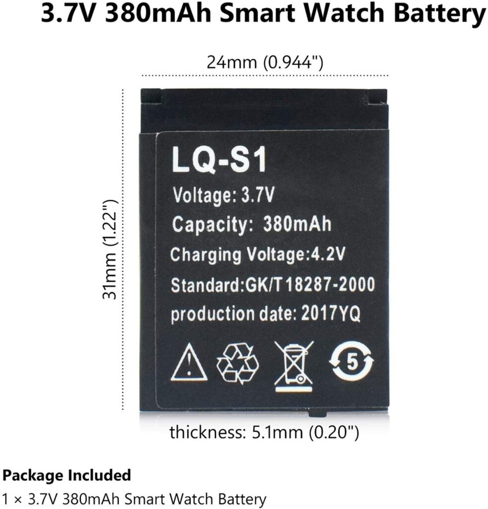 Nutikella aku, LQ-S1 3,7 v 380 mAh laetav LI-ioonpolümeer nutikella aku DZ09 цена и информация | Nutiseadmed ja aksessuaarid | kaup24.ee