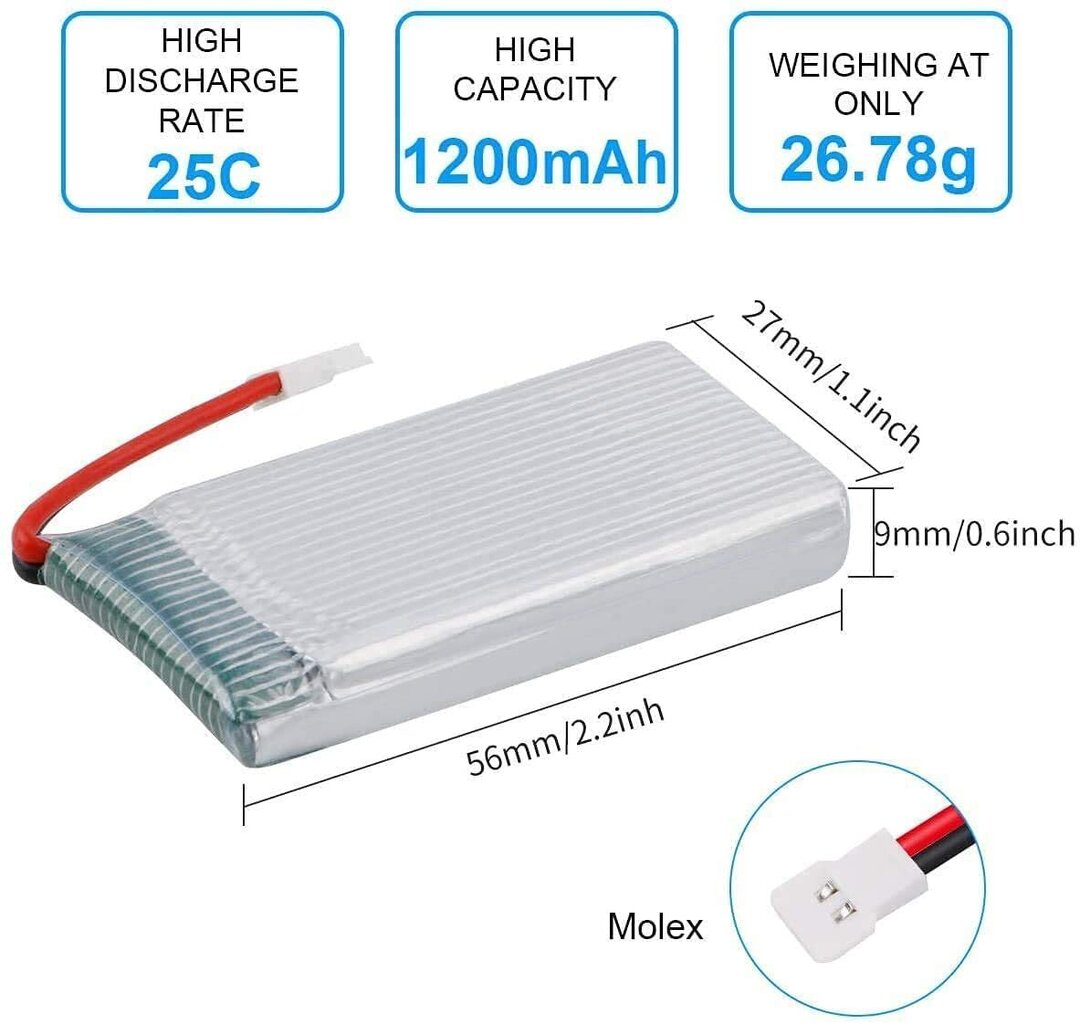 3 tk laetav Lipo aku (3.7v, 1200mAh Lipo) Syma X5SC X5SW Quadricopter Drones jaoks цена и информация | Nutiseadmed ja aksessuaarid | kaup24.ee