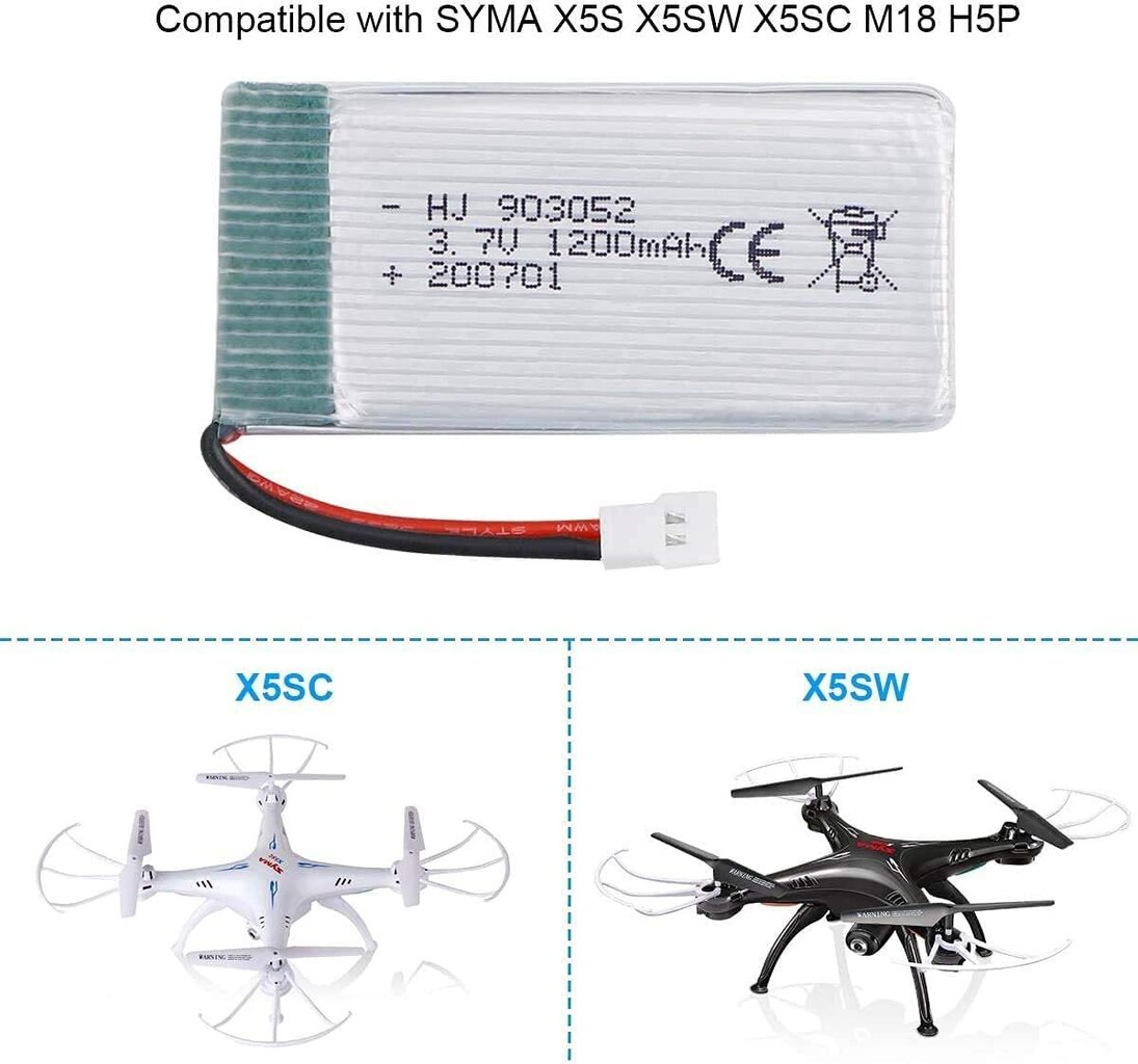 3 tk laetav Lipo aku (3.7v, 1200mAh Lipo) Syma X5SC X5SW Quadricopter Drones jaoks цена и информация | Nutiseadmed ja aksessuaarid | kaup24.ee