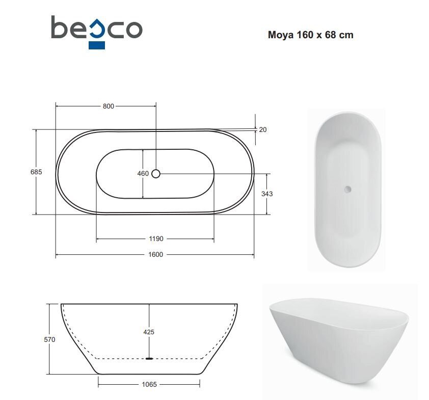 Vann Besco Moya 160, koos Klik-klakiga, White, ülevalt puhastatav hind ja info | Vannid | kaup24.ee