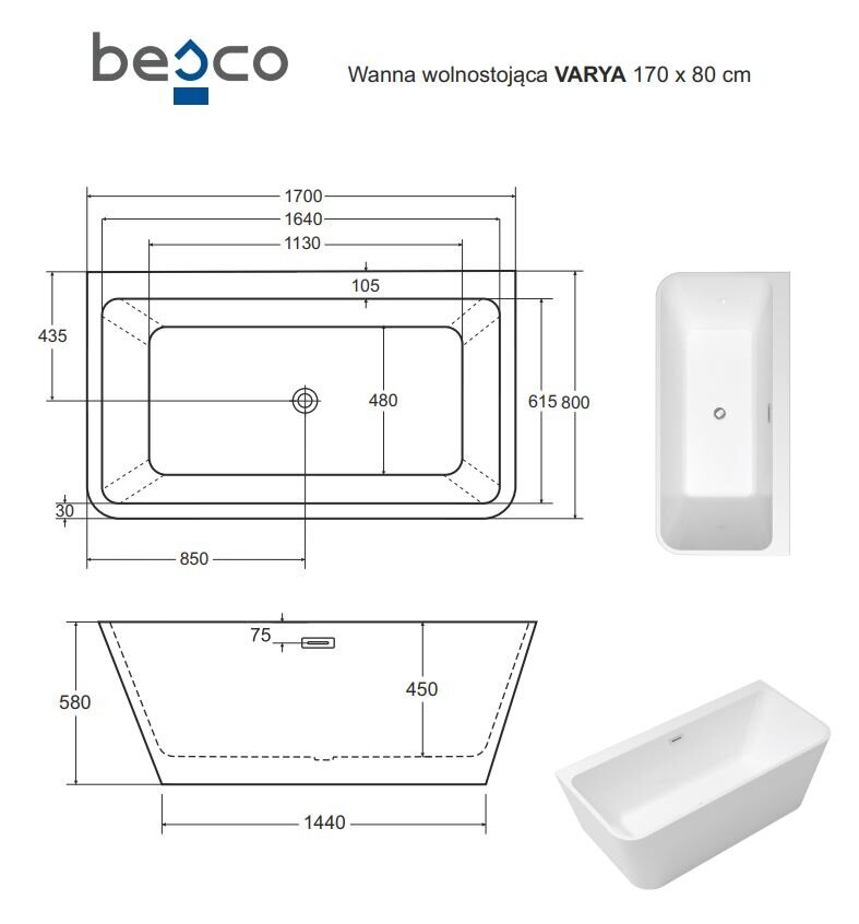 Vann Besco Varya Glam 170 Graphite, koos grafiidi värvi sifooni kattega hind ja info | Vannid | kaup24.ee