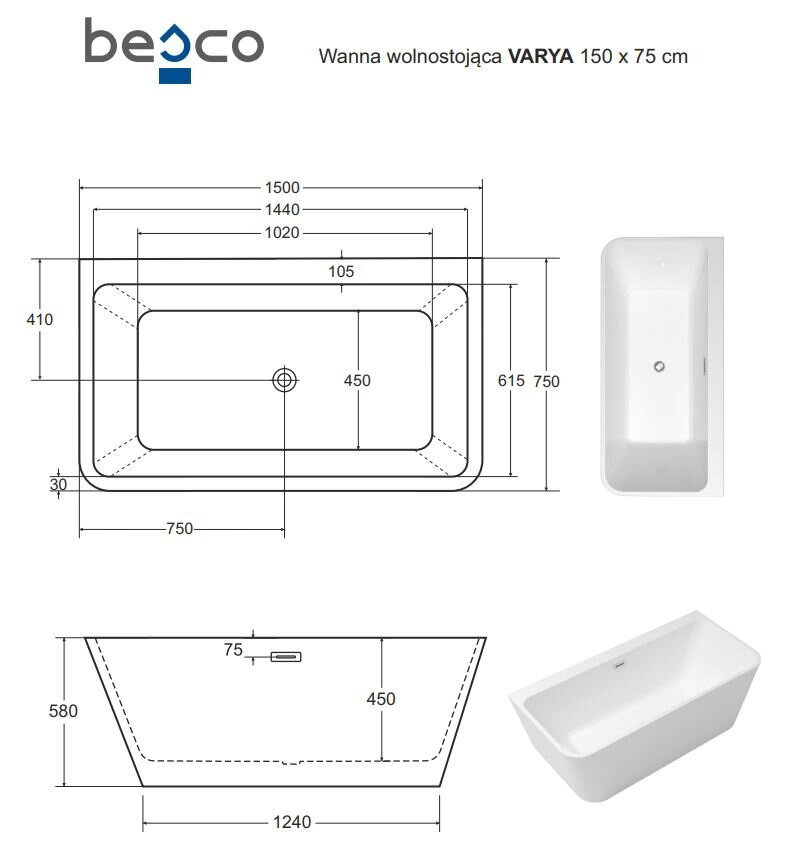 Vann Besco Varya Glam 150 Silver, valge sifooni kattega цена и информация | Vannid | kaup24.ee