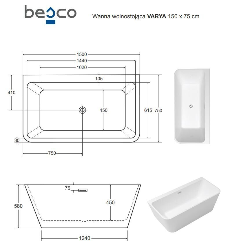 Vann Besco Varya Glam 150 Graphite, koos kuldset värvi sifooni kattega цена и информация | Vannid | kaup24.ee