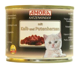 Amora konservikomplekt kassipoegadele koos vasika- ja kalkunisüdametega 6x200 g hind ja info | Konservid kassidele | kaup24.ee