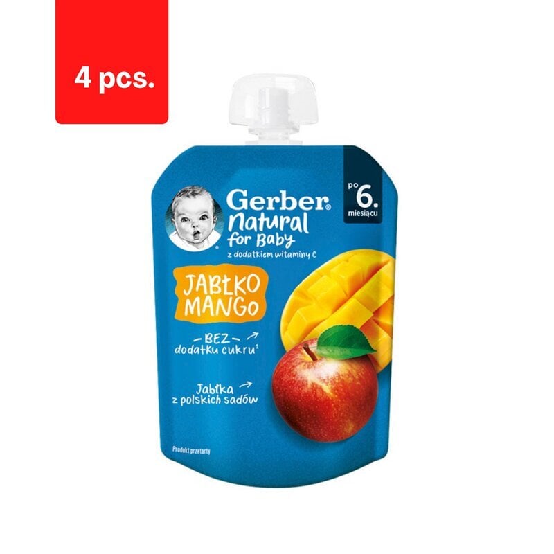 Õuna- ja mangopüree GERBER (al. 6 kuud), kotis, 80 g x 4 tk. pakett hind ja info | Püreed | kaup24.ee