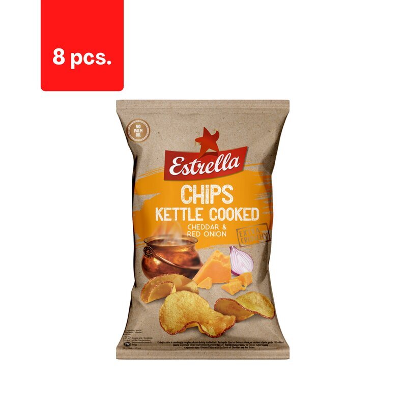 Kartulikrõpsud ESTRELLA KETTLE cheddari ja punase sibula maitsega, 120g x 8 tk. hind ja info | Suupisted, krõpsud | kaup24.ee