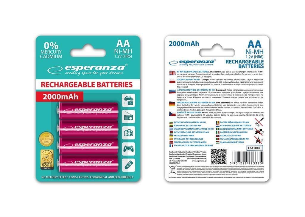 Laetavad patareid Esperanza EZA104R Ni-MH AA 2000MAH x4 цена и информация | Patareid | kaup24.ee