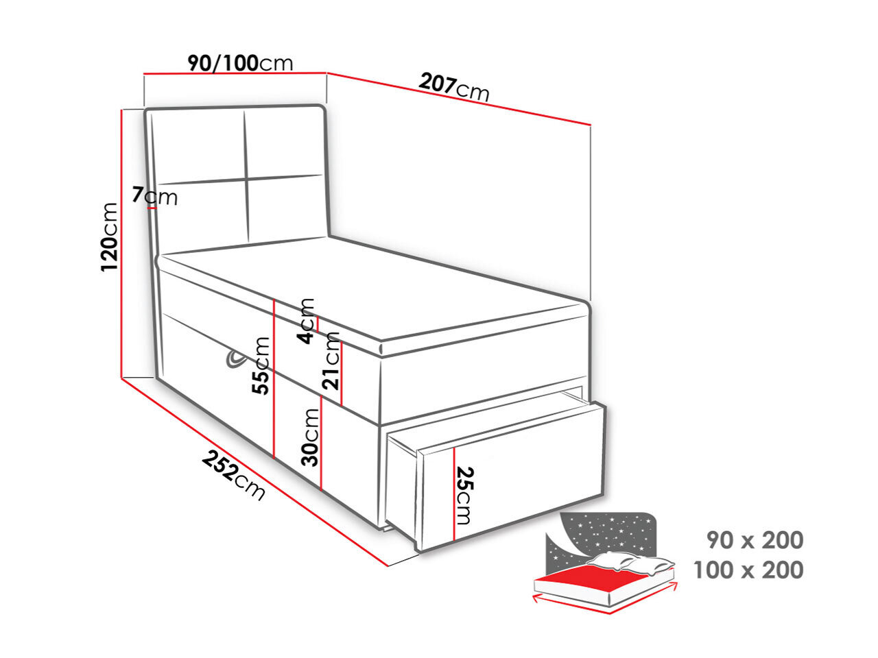 Kontinentaalvoodi HUDSON LUX 1-ekoskóra Soft 011-100x200 cm-Vasakult цена и информация | Voodid | kaup24.ee