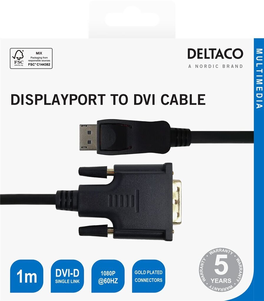 Deltaco, DisplayPort - DVI-D, 1080p 60Hz, 1 m hind ja info | Kaablid ja juhtmed | kaup24.ee