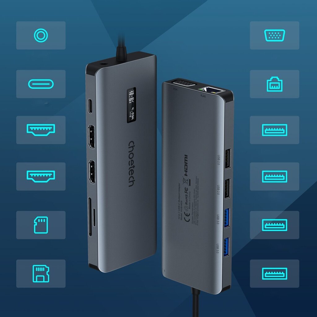Choetech HUB-M26, USB-C to USB-C / USB-A / HDMI / VGA / AUX / SD / TF gray hind ja info | USB jagajad, adapterid | kaup24.ee
