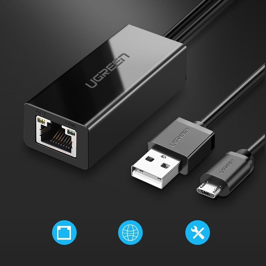 Ugreen 30985, external network adapter USB 100Mbps for Chromecast with 1m cable black hind ja info | USB jagajad, adapterid | kaup24.ee