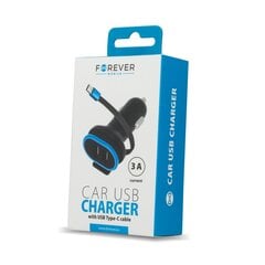 Laadija autosse Forever CC-02 car charger 2x USB 3A black with USB-C cable, 0,2 m hind ja info | Mobiiltelefonide laadijad | kaup24.ee