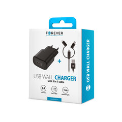 Laadija autosse Forever TC-01 charger 1x USB 2A black + 3in1 nylon cable (microUSB + Lightning + USB-C) hind ja info | Mobiiltelefonide laadijad | kaup24.ee