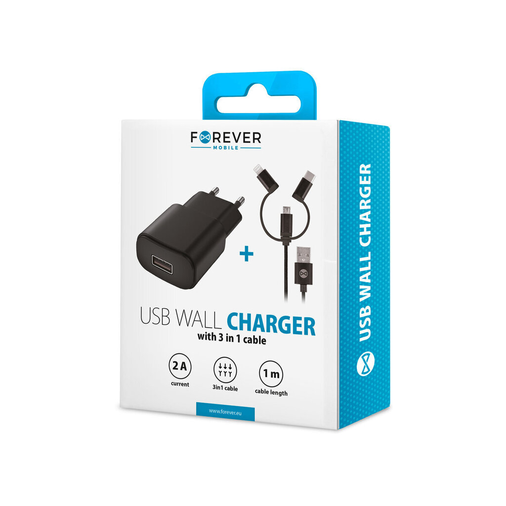 Laadija autosse Forever TC-01 charger 1x USB 2A black + 3in1 nylon cable (microUSB + Lightning + USB-C) hind ja info | Mobiiltelefonide laadijad | kaup24.ee