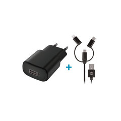 Laadija autosse Forever TC-01 charger 1x USB 2A black + 3in1 nylon cable (microUSB + Lightning + USB-C) цена и информация | Зарядные устройства для телефонов | kaup24.ee