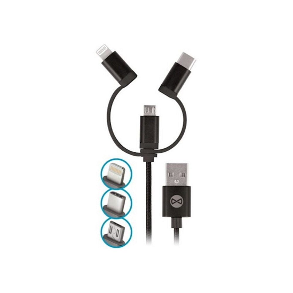 Laadija autosse Forever TC-01 charger 1x USB 2A black + 3in1 nylon cable (microUSB + Lightning + USB-C) hind ja info | Mobiiltelefonide laadijad | kaup24.ee
