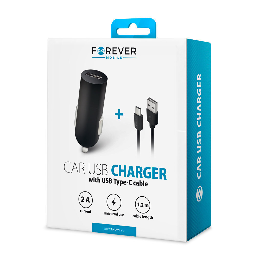 Forever M02 car charger 1x USB 2A black + USB-C cable цена и информация | Mobiiltelefonide laadijad | kaup24.ee