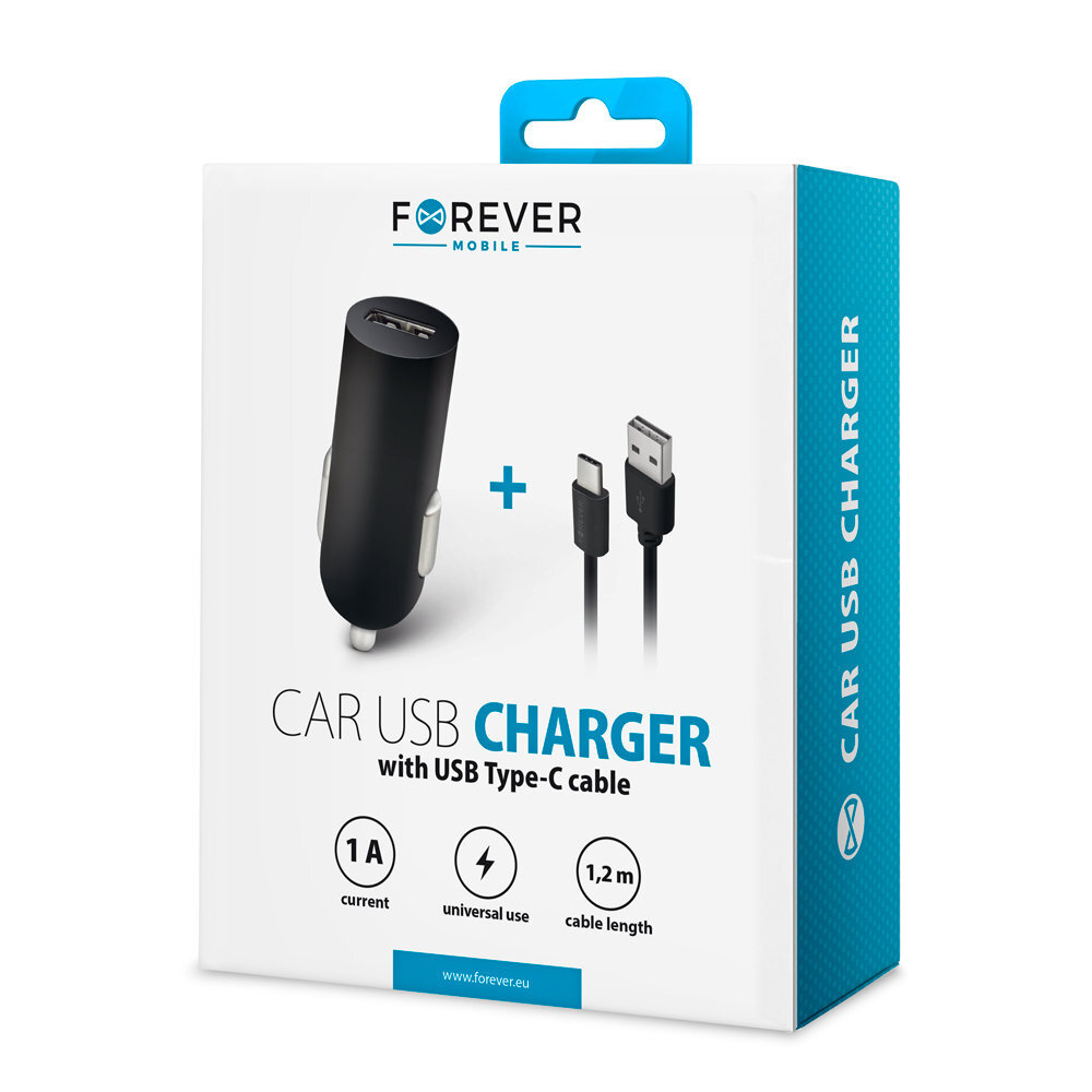 Forever M02 car charger 1x USB 1A black + USB-C cable hind ja info | Mobiiltelefonide laadijad | kaup24.ee