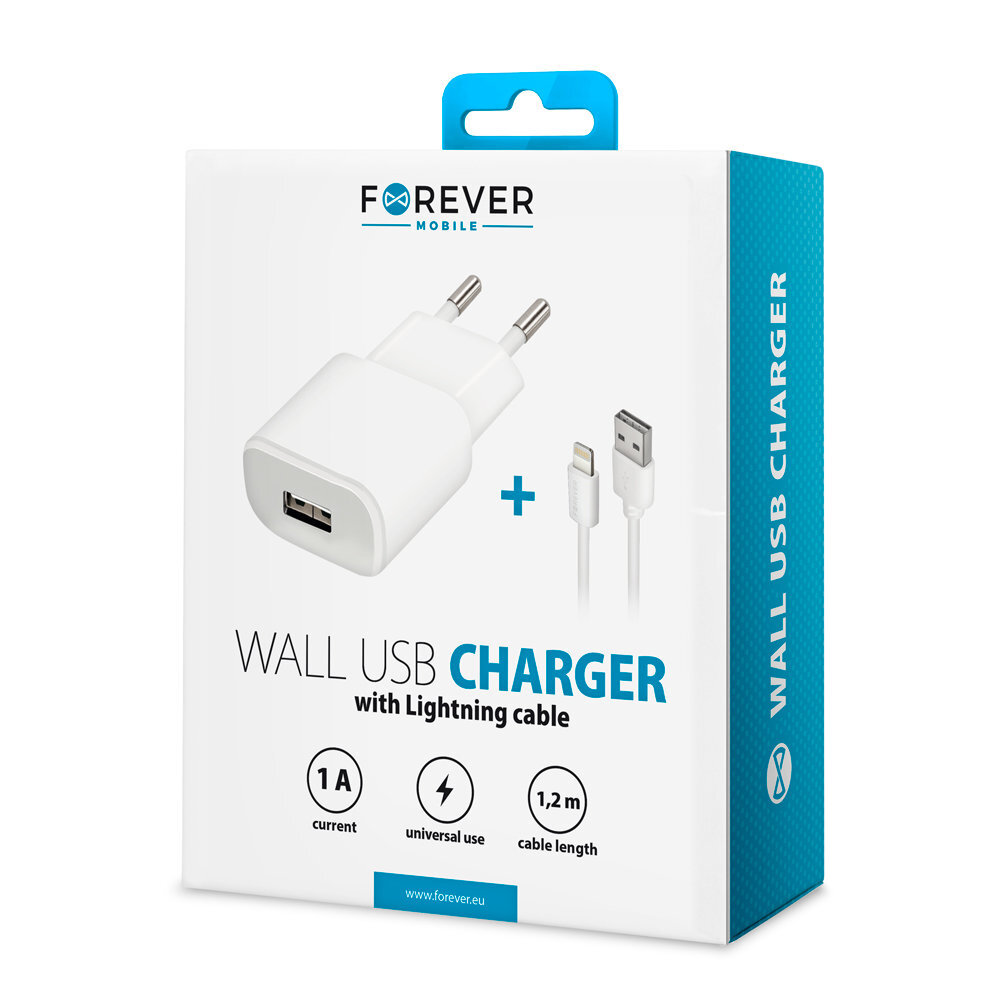 Forever TC-01 charger 1x USB 1A white + Lightning cable цена и информация | Mobiiltelefonide laadijad | kaup24.ee