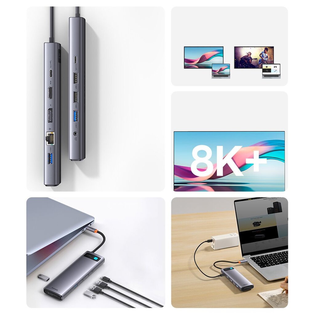 Baseus Metal Gleam multi-functional HUB USB Type C 12in1 HDMI / DP / USB Type C / minijack 3.5mm / RJ45 / SD (WKWG020213) цена и информация | USB jagajad, adapterid | kaup24.ee