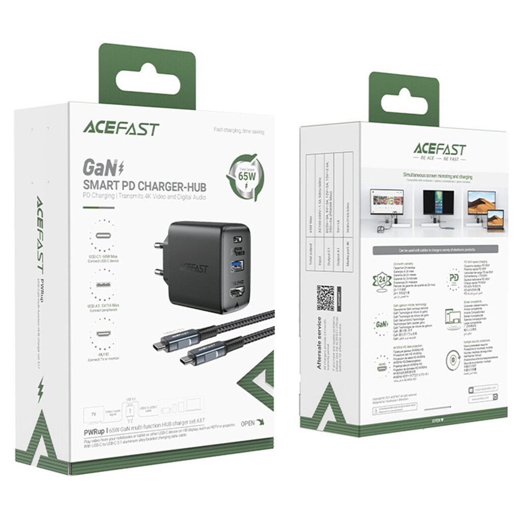 Acefast 2in1 charger GaN 65W USB Type C / USB, adapter HDMI adapter 4K @ 60Hz (set with cable) black (A17 black) (Black) цена и информация | Mobiiltelefonide laadijad | kaup24.ee