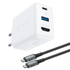 Acefast 2in1 charger GaN 65W USB Type C / USB, adapter adapter HDMI 4K @ 60Hz (set with cable) white (A17 white) (White) hind ja info | Mobiiltelefonide laadijad | kaup24.ee