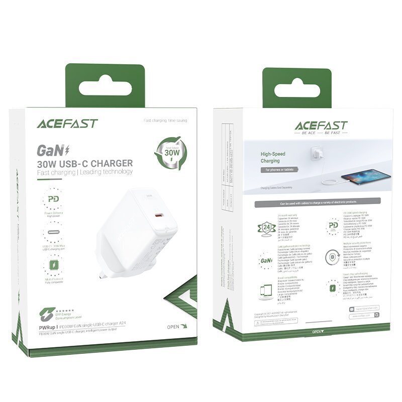 Acefast GaN wall charger (UK plug) USB Type C 30W, Power Delivery, PPS, Q3 3.0, AFC, FCP white (A24 UK white) (White) цена и информация | Mobiiltelefonide laadijad | kaup24.ee