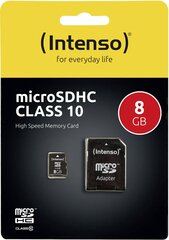 Mälukaart Intenso Micro SDHC 8GB Class 10 + Adapter hind ja info | Intenso Mobiiltelefonid, foto-, videokaamerad | kaup24.ee