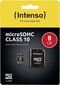 Mälukaart Intenso Micro SDHC 8GB Class 10 + Adapter цена и информация | Mobiiltelefonide mälukaardid | kaup24.ee