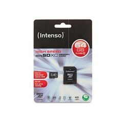 Mälukaart Intenso - Micro SDXC 64GB Class10 + adapter hind ja info | Mobiiltelefonide mälukaardid | kaup24.ee