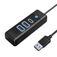 Orico Hub Adapter USB to 2x USB 3.0 + USB-C, 5 Gbps, 0.15 м (Black) цена и информация | Адаптер Aten Video Splitter 2 port 450MHz | kaup24.ee