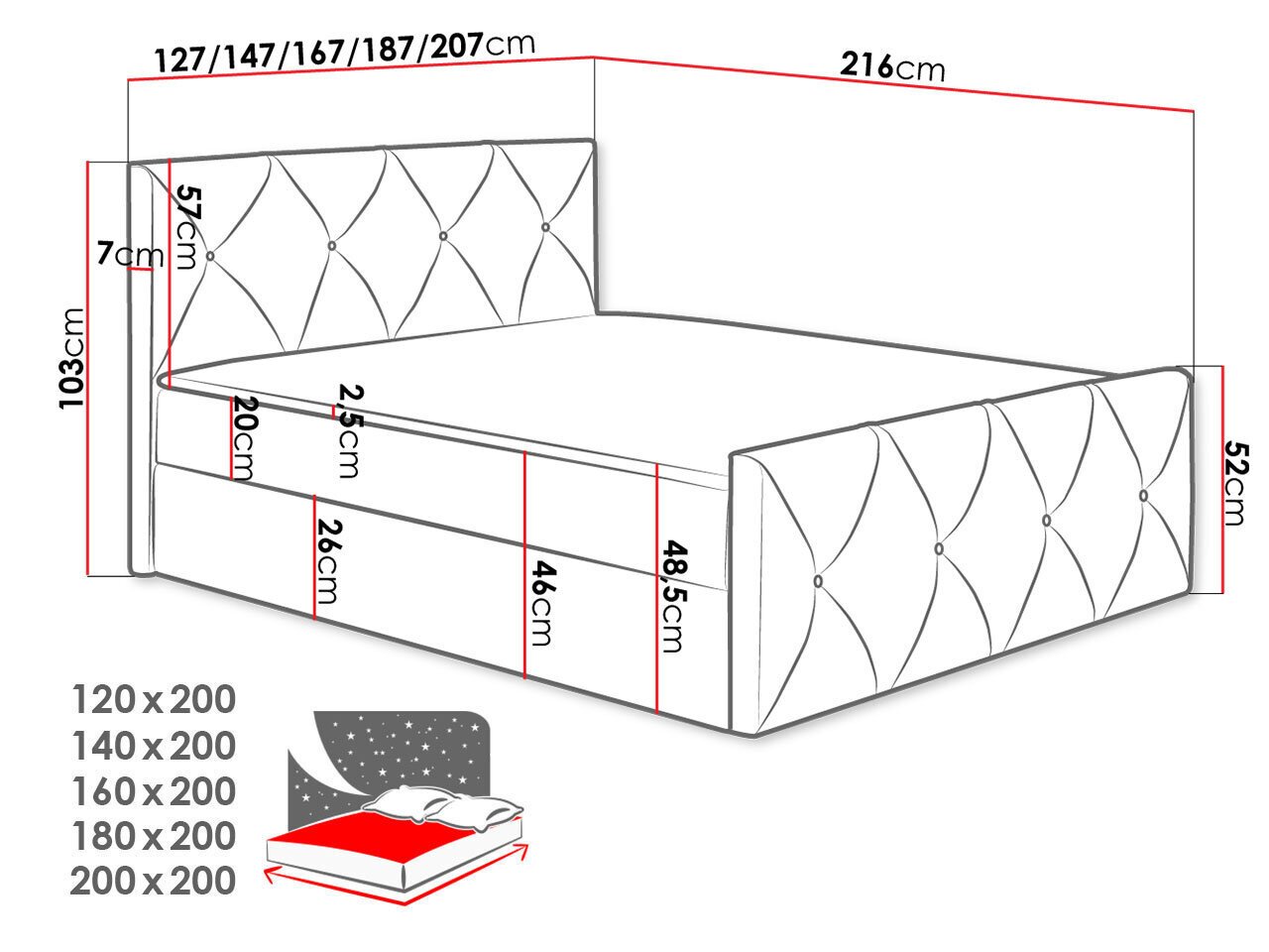 Kontinentaalvoodi XIRIOUS LUX-Mono 244-120x200 cm цена и информация | Voodid | kaup24.ee