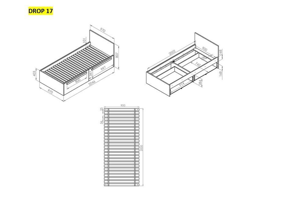 Voodi Drop 17, 90X200 cm, tumehall hind ja info | Voodid | kaup24.ee