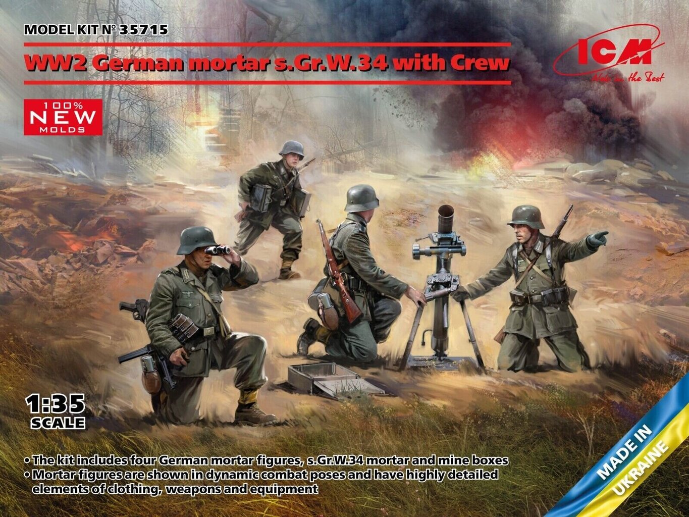 Liimitav mudel ICM 35715 WW2 German mortar GrW 34 with Crew (mortar and 4 figures) 1/35 hind ja info | Liimitavad mudelid | kaup24.ee