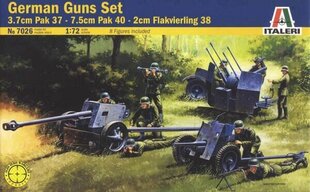 German Gunset, 3.7cm Pak 35 - 7.5cm Pak 40 - FLAK38 ITALERI 1:72 7026 цена и информация | Коллекционные модели автомобилей | kaup24.ee