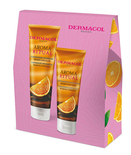 Kosmeetikakomplekt naistele Dermacol Body care gift set Belgian chocolate: Belgia šokolaadi harmoniseeriv dušigeel 250 ml + Belgia šokolaadi harmoniseeriv kätekreem 100 ml hind ja info | Dušigeelid, õlid | kaup24.ee