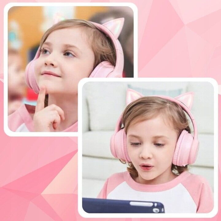 Laste juhtmevabad kassikõrvadega kõrvaklapid, Bluetooth 5.0 + EDR tehnoloogia, FM raadio funktsioon, Värvus: roosa цена и информация | Kõrvaklapid | kaup24.ee