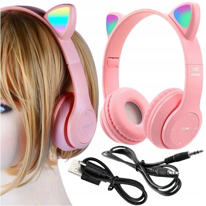 Laste juhtmevabad kassikõrvadega kõrvaklapid, Bluetooth 5.0 + EDR tehnoloogia, FM raadio funktsioon, Värvus: roosa hind ja info | Kõrvaklapid | kaup24.ee