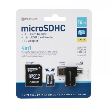 Platinet 4in1 16GB Micro SDHC Class 10 Memory Card for Devices + Card Reader + OTG + Adapter hind ja info | Mobiiltelefonide mälukaardid | kaup24.ee